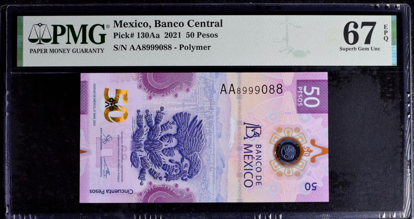 【Blue Auction】世界纸币精拍第803期——18级TOP拍卖/信誉/品质/专业/高效💫 【AA冠88尾 倒置号 获奖钞】墨西哥 2021年50比索 PMG67EPQ 
