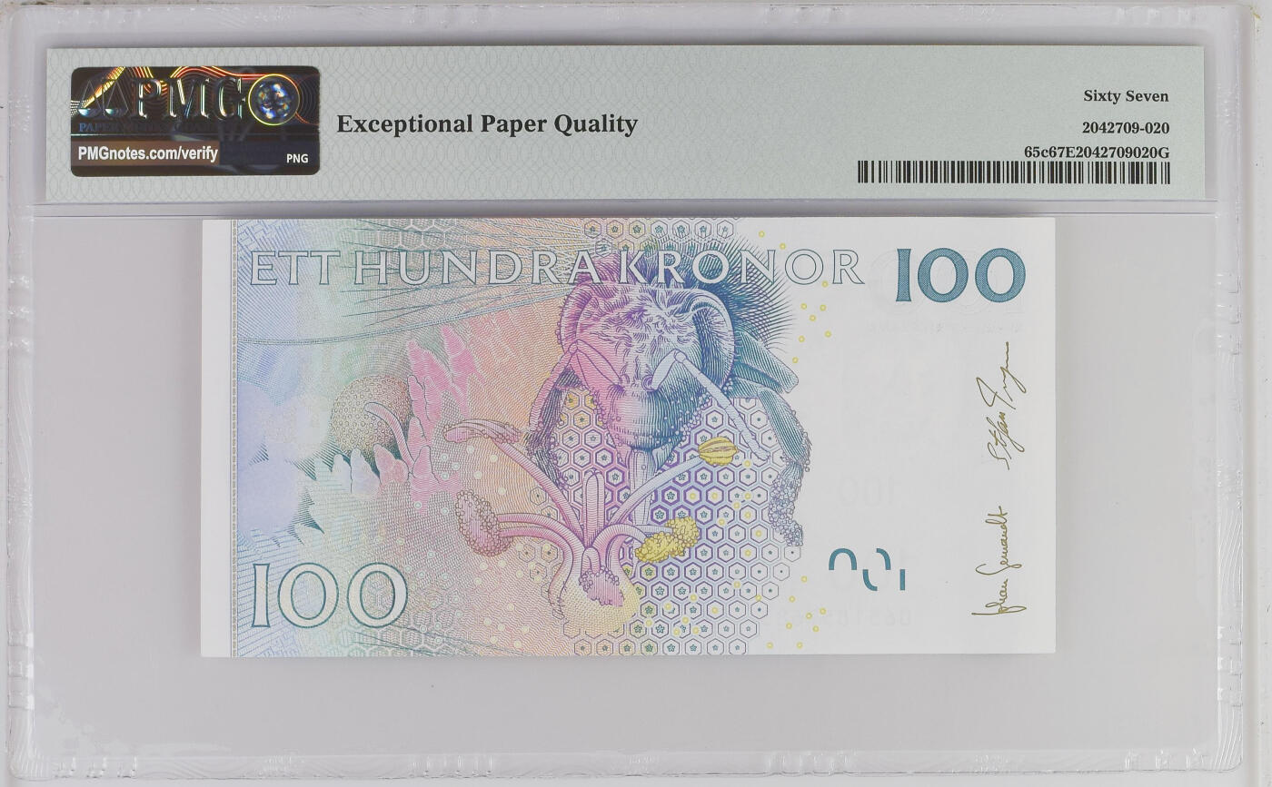 《愛美收藏》第239期-4.5周日外币黄金场  瑞典2010年100克朗PMG67E高分长号段无4，植物学家林奈，Pick#65c全息防伪条