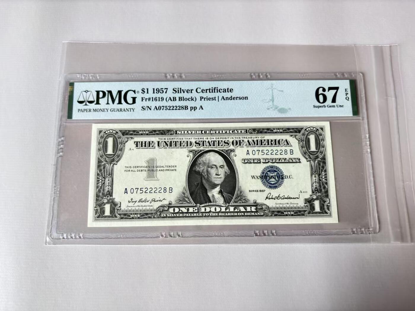 【Blue Auction】世界纸币精拍第803期——18级TOP拍卖/信誉/品质/专业/高效💫 美国 1957美金 1美金 银币券  PMG67EPQ 高分