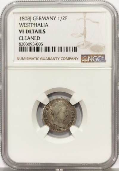 博洋堂世界钱币拍卖第167期（全场包邮） - NGC VF 德国威斯特伐利亚1808J半法郎银币 少见面值 好品书价高