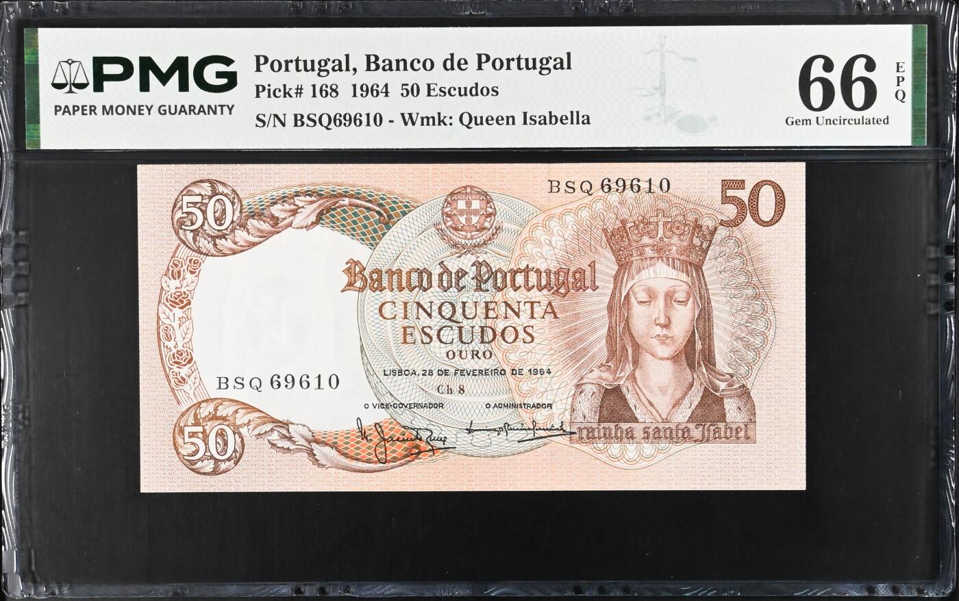 《愛美收藏》第239期-4.5周日外币黄金场  葡萄牙1964年50埃斯库多PMG66E倒置号0169组合 伊莎贝尔女王 葡萄牙经典品种 Pick#168