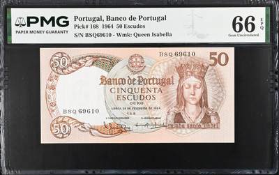 《愛美收藏》第239期-4.5周日外币黄金场  - 葡萄牙1964年50埃斯库多PMG66E倒置号0169组合 伊莎贝尔女王 葡萄牙经典品种 Pick#168
