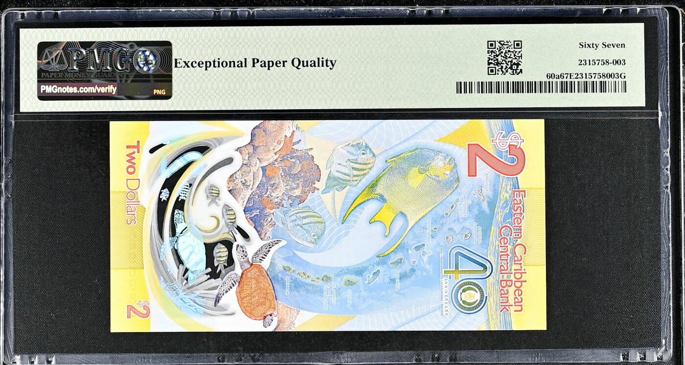 【Blue Auction】世界纸币精拍第803期——18级TOP拍卖/信誉/品质/专业/高效💫 【AA冠88尾 倒置号 获奖钞】东加勒比 2023年2比索 PMG67EPQ