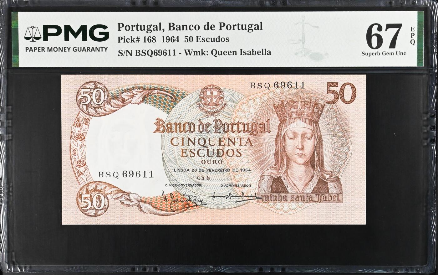 《愛美收藏》第239期-4.5周日外币黄金场  葡萄牙1964年50埃斯库多PMG67E倒置号 伊莎贝尔女王 葡萄牙经典品种 Pick#168