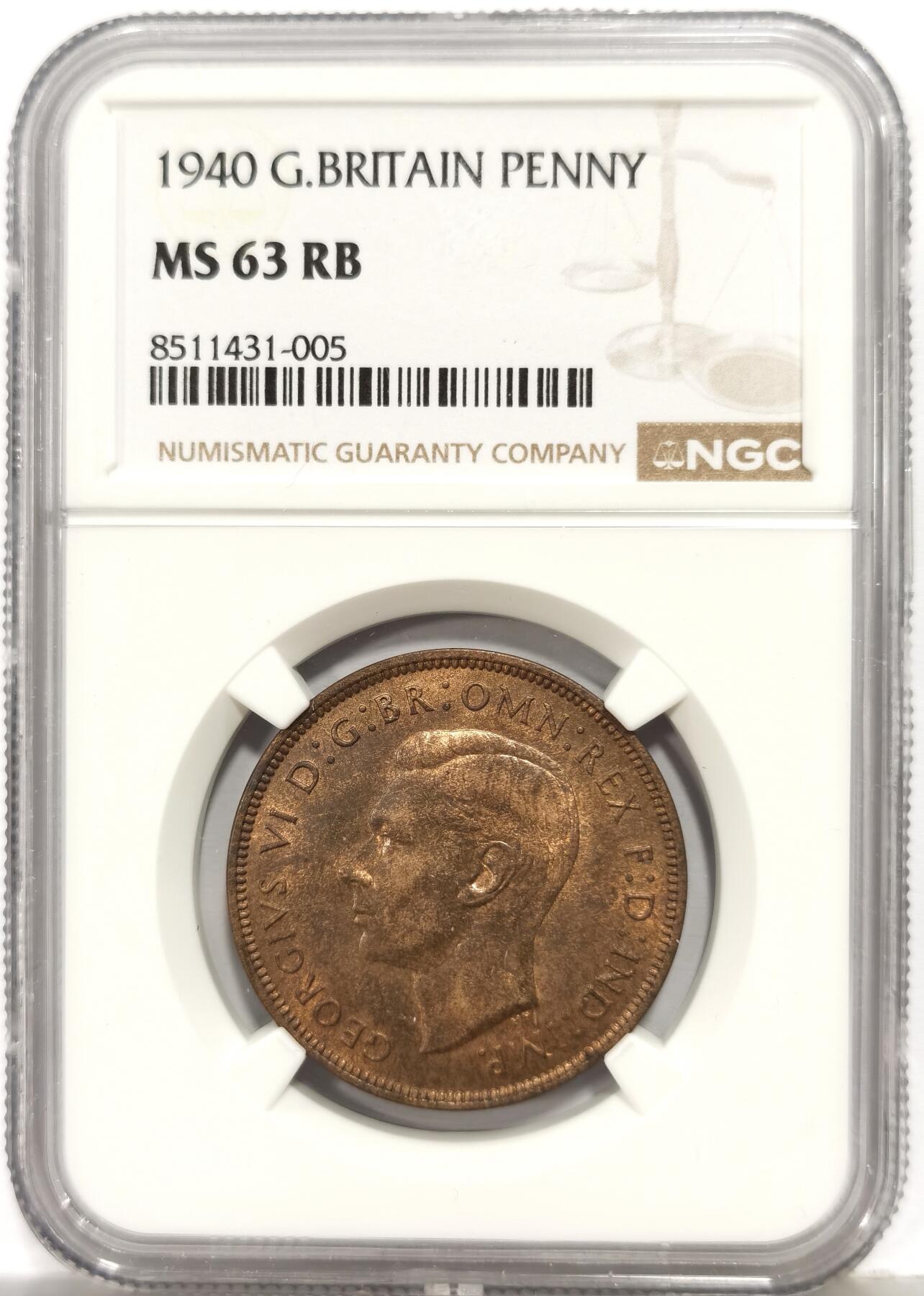 博洋堂世界钱币拍卖第167期（全场包邮） NGC MS63RB 英国1940年乔治六世一便士铜币，高分美品