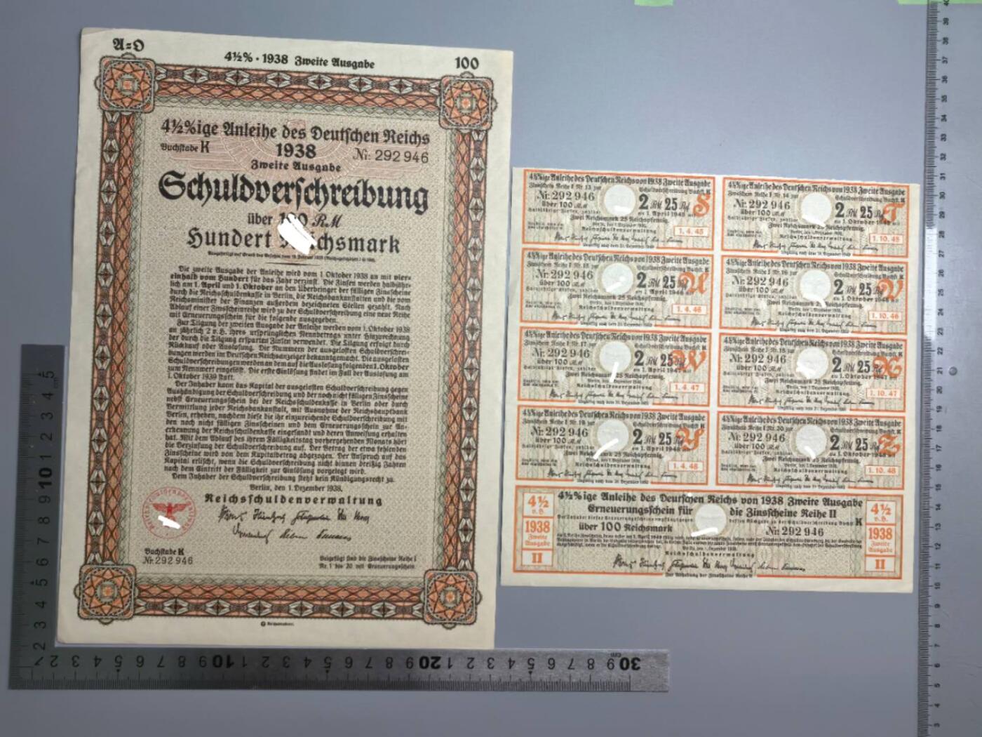 小驴勋章奖章收藏4月4日周六晚六点拍卖（珍爱和平，收藏战争，铭记历史，勿忘国耻，忠党爱国。有偿代拍，送拍规则在简介最后，参拍须阅读规则后再参拍，关系到运费包装发货时效真假辨别等关键信息，拍卖时不再发原图，看大图店主微信码在拍卖店铺介绍里） 1938年100马克国债债券