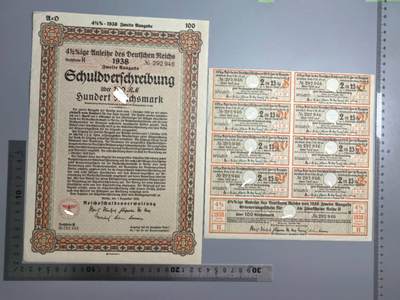 小驴勋章奖章收藏4月4日周六晚六点拍卖（珍爱和平，收藏战争，铭记历史，勿忘国耻，忠党爱国。有偿代拍，送拍规则在简介最后，参拍须阅读规则后再参拍，关系到运费包装发货时效真假辨别等关键信息，拍卖时不再发原图，看大图店主微信码在拍卖店铺介绍里） - 1938年100马克国债债券