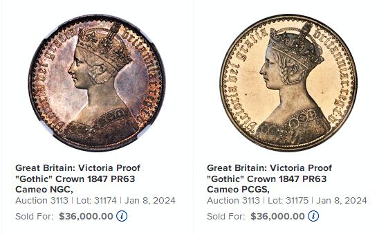 【Blue Auction】世界纸币精拍第803期——18级TOP拍卖/信誉/品质/专业/高效💫  英国 1847年 经典维多利亚女王哥特克朗 发行约8000枚 PCGS PR63CAMEO 精制币 时任英国皇家造币厂首席雕刻师威廉·怀恩主刀，画家威廉·戴斯参与设计，哥特复兴式精美银币，誉为英国史上最美银币。任何硬币玩家都希望拥有的一枚银币，该枚闪耀着耀眼的光彩与镜面光芒，奇妙而迷人，令人赞叹的美感，一步到位的收藏级。这是英国工业革命后突飞猛进的造币技术完美体现的代表作 