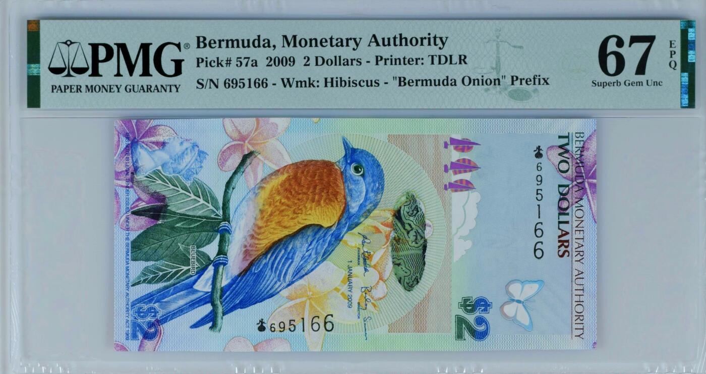 【Blue Auction】世界纸币精拍第803期——18级TOP拍卖/信誉/品质/专业/高效💫 【66尾无47 获奖钞 洋葱冠】百慕大 2009年2元 蓝鸟 PMG67EPQ 