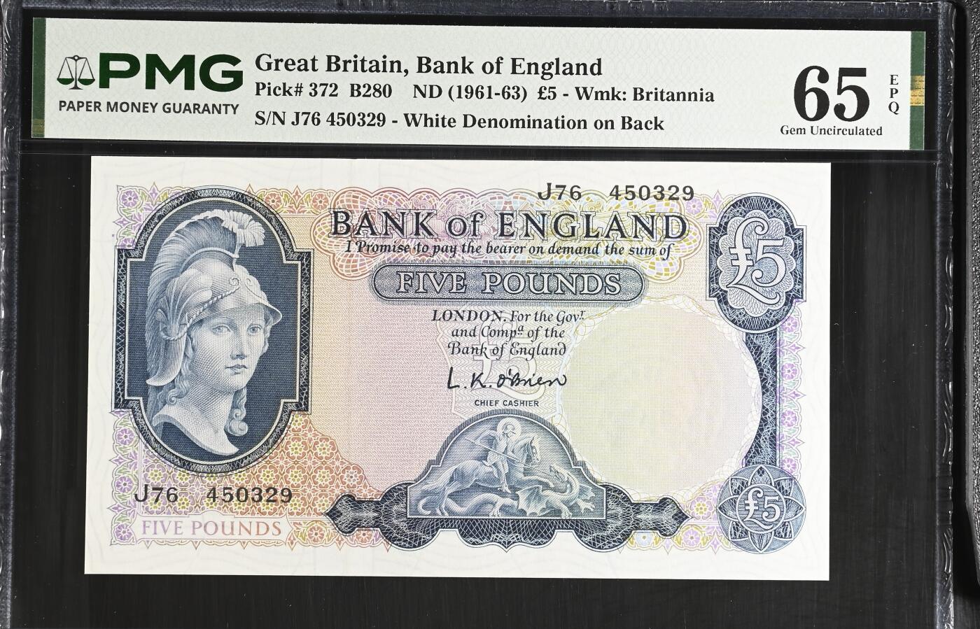《愛美收藏》第239期-4.5周日外币黄金场  英国B序列1961-63年5镑PMG65E纸币全新品相 空心版 Pick#372
