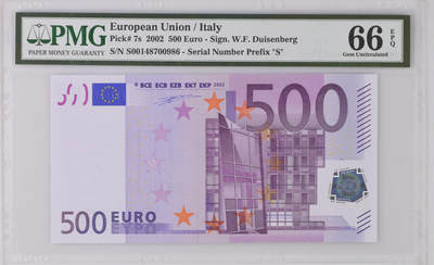 《愛美收藏》第239期-4.5周日外币黄金场  - 欧盟2002年S冠意大利版一签500欧元最高值PMG66E 贵族紫 高端藏品 少见意大利版 Pick#7s