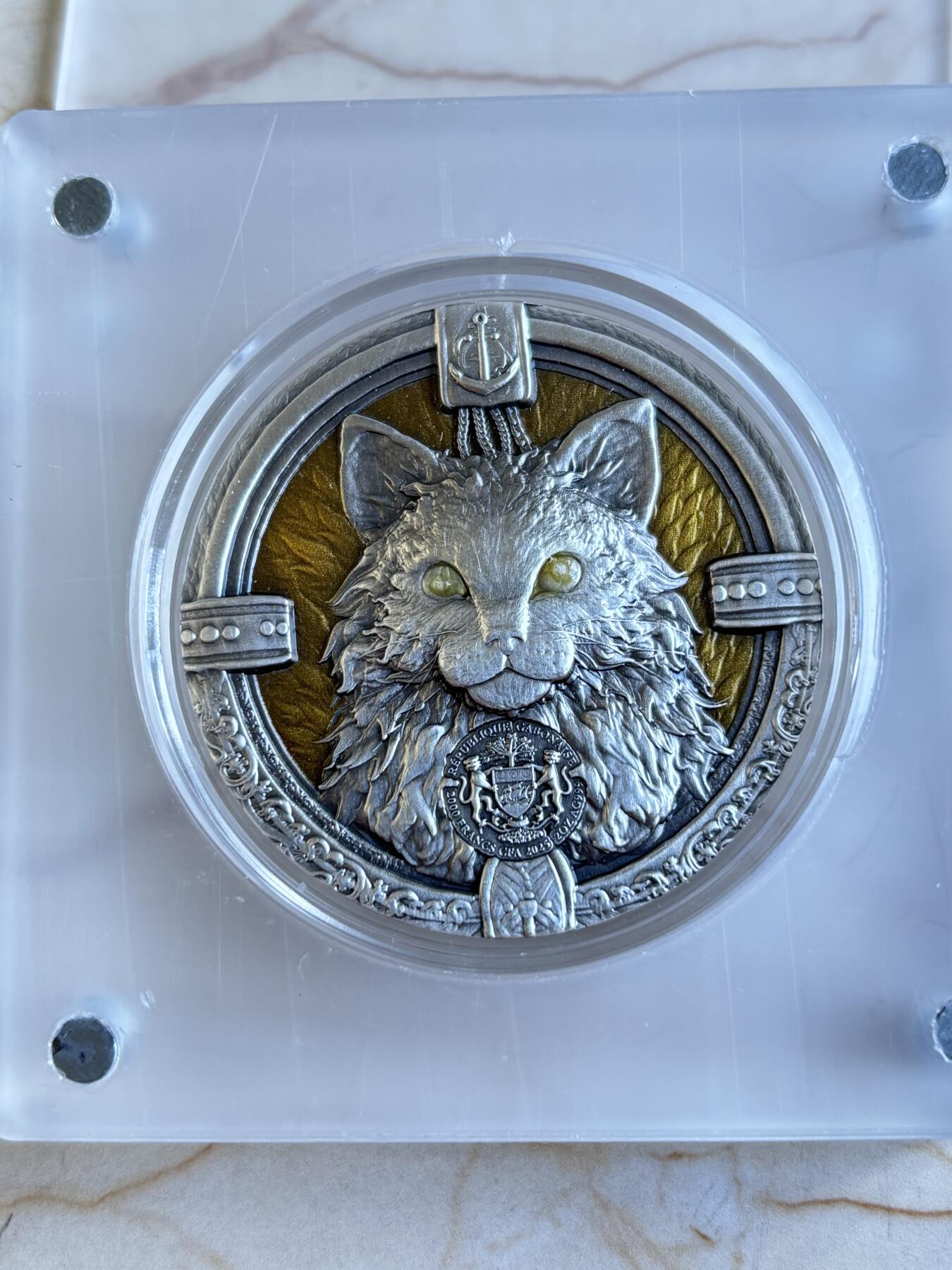 第195期拍卖 加蓬2025年海上舰猫2盎司仿古彩色夜光高浮雕银币，999银，编号108，总发行量999枚，原盒证书，发售价1788元