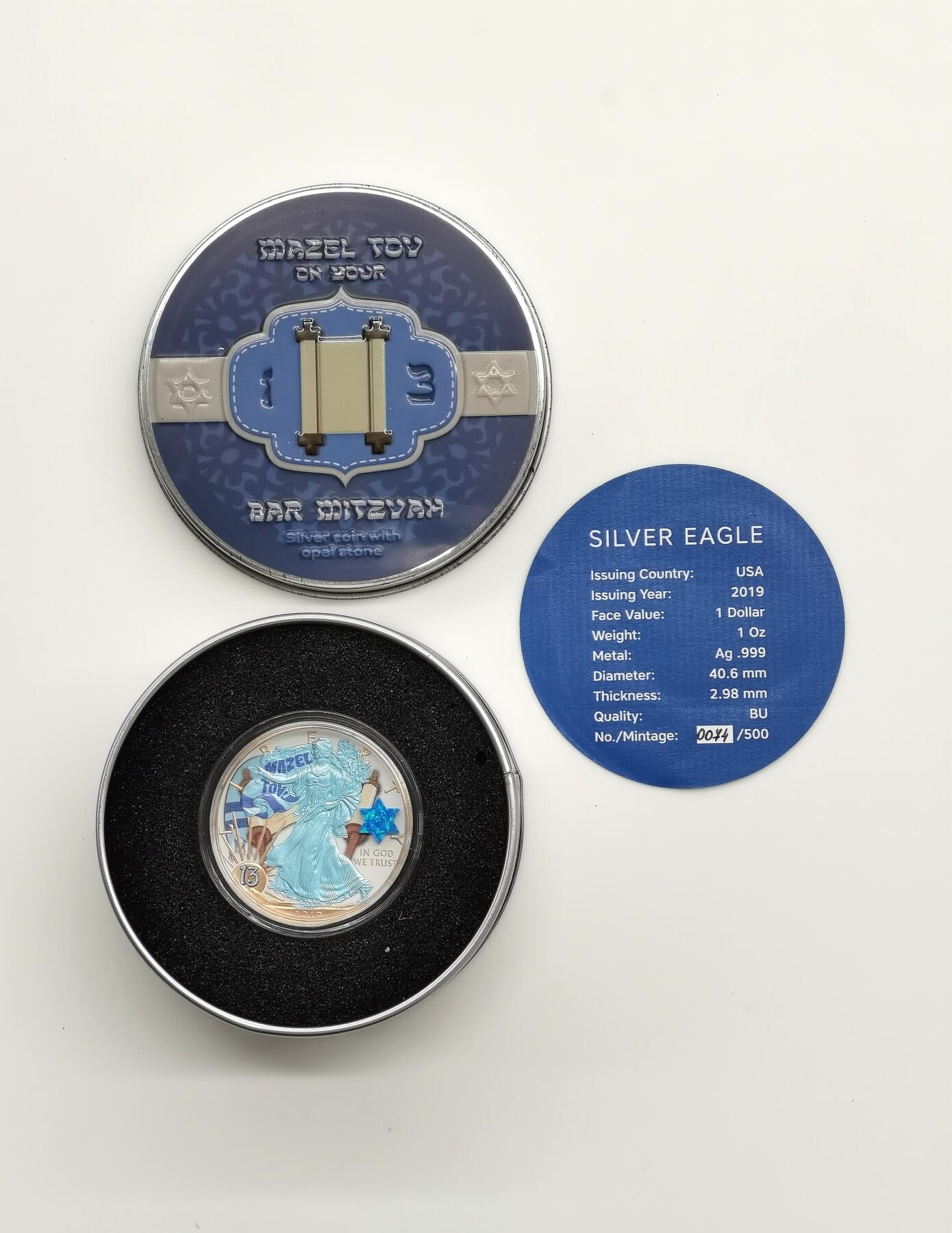 博洋堂世界钱币拍卖第167期（全场包邮） 美国2019年1元普制彩色镶嵌欧珀石银币 恭喜成人礼（犹太13岁成人）-美国银鹰改制（由芬兰大师Hazel Tove改制）1盎司999银 发行量：5百 盒证全