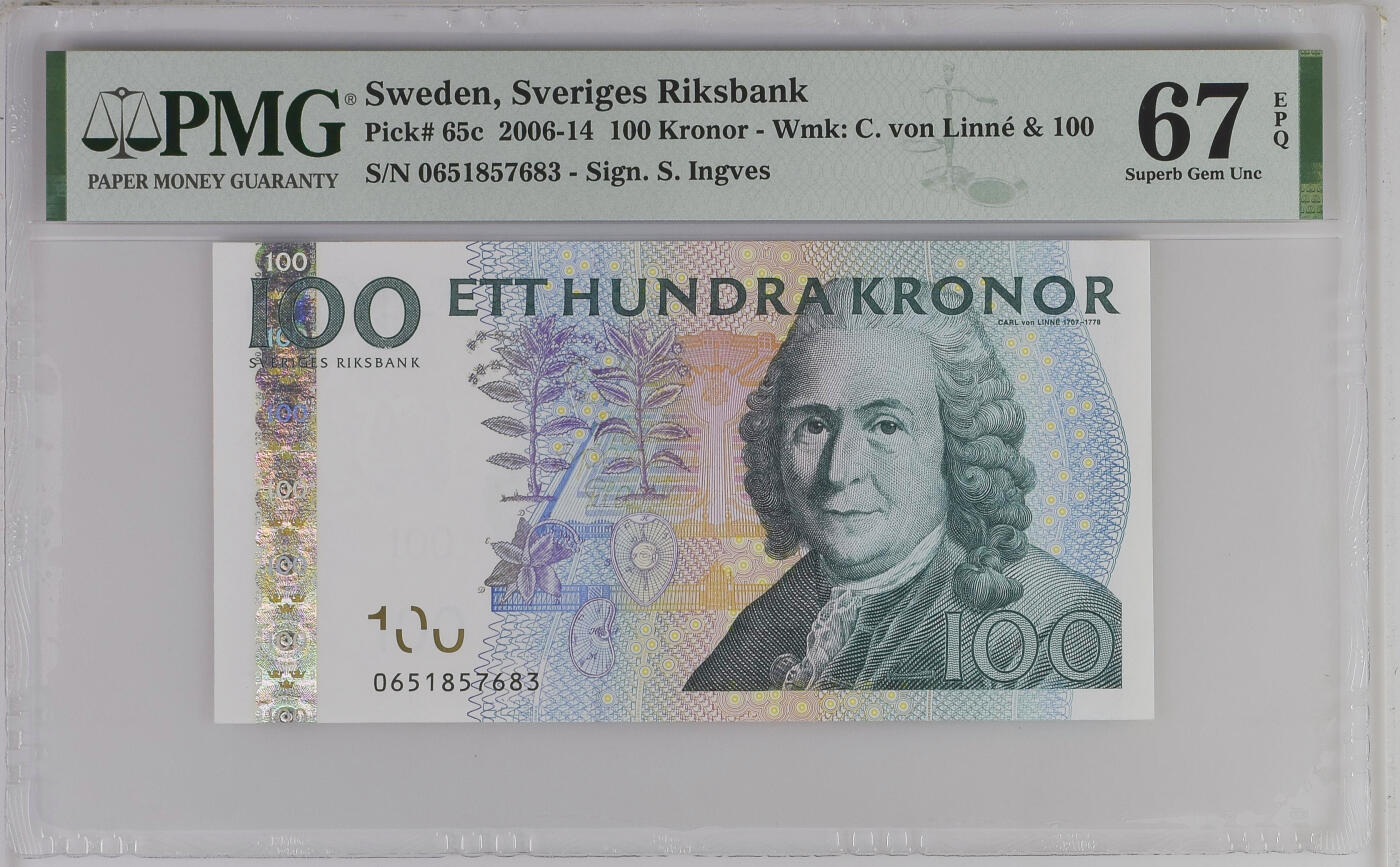 《愛美收藏》第239期-4.5周日外币黄金场  瑞典2010年100克朗PMG67E高分长号段无4，植物学家林奈，Pick#65c全息防伪条