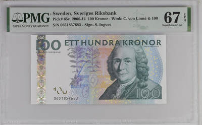 《愛美收藏》第239期-4.5周日外币黄金场  - 瑞典2010年100克朗PMG67E高分长号段无4，植物学家林奈，Pick#65c全息防伪条