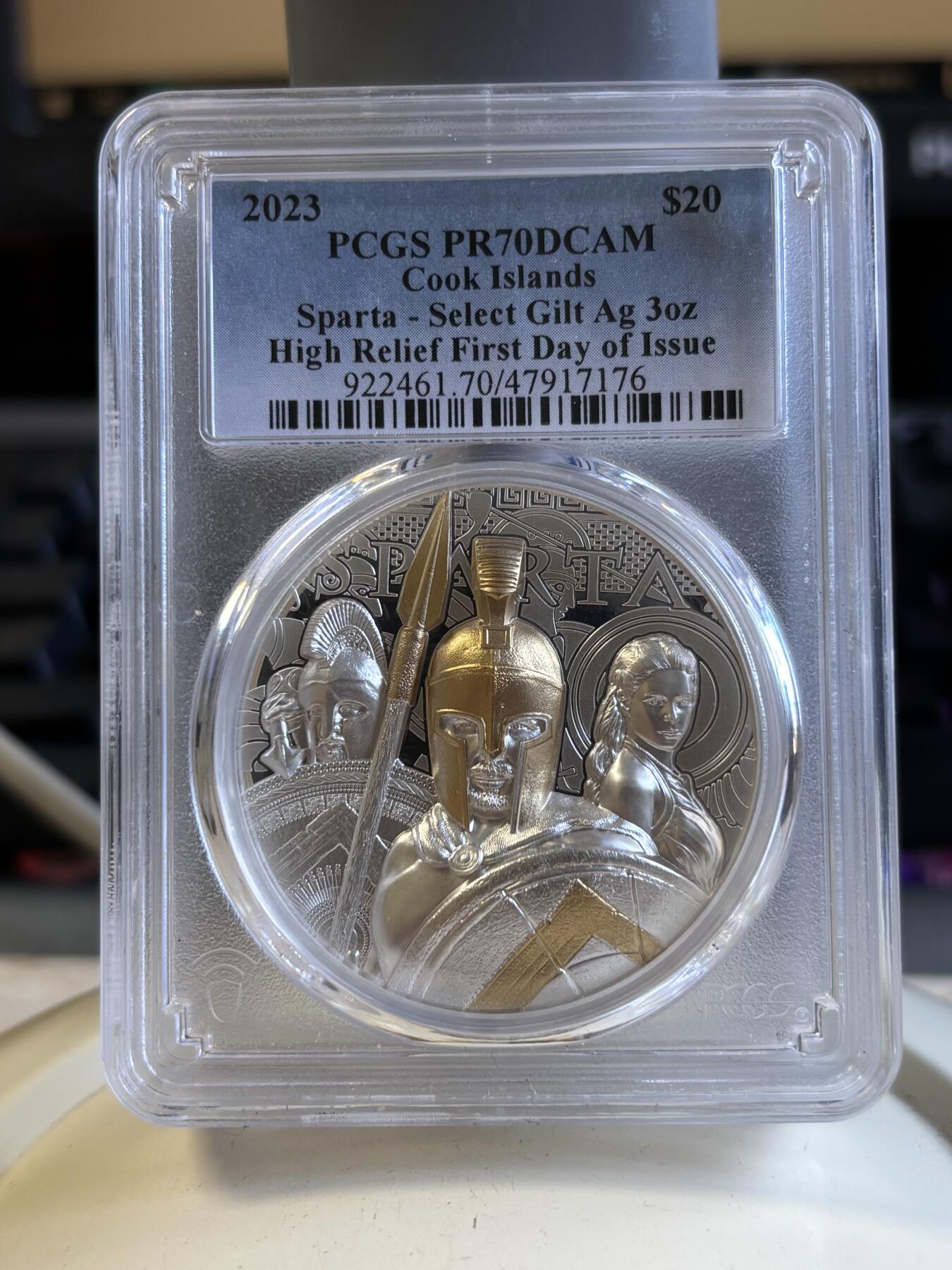第196期拍卖 库克2023年斯巴达勇士3盎司双面高浮雕纪念银币PCGS-PR70，999银镀金，发行888枚