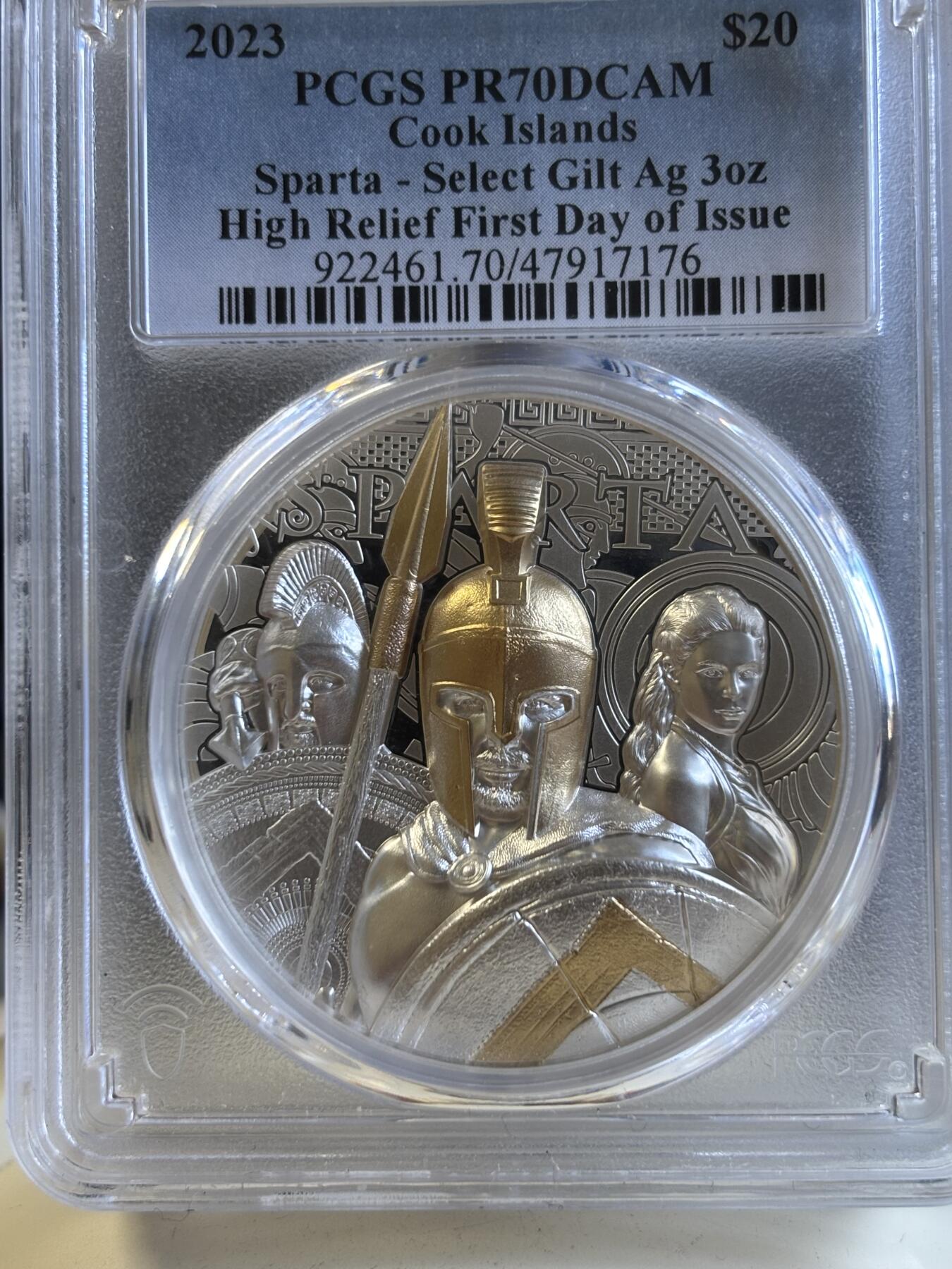 第196期拍卖 库克2023年斯巴达勇士3盎司双面高浮雕纪念银币PCGS-PR70，999银镀金，发行888枚