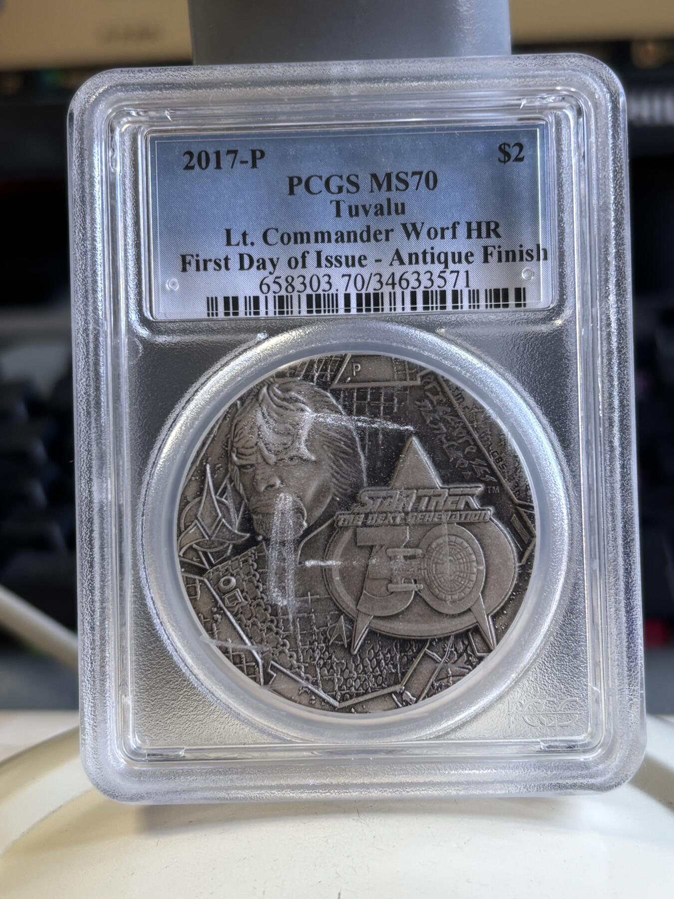 第196期拍卖 图瓦卢2017年星际迷航指挥官2盎司银币PCGS-MS70，999银，发行1701枚