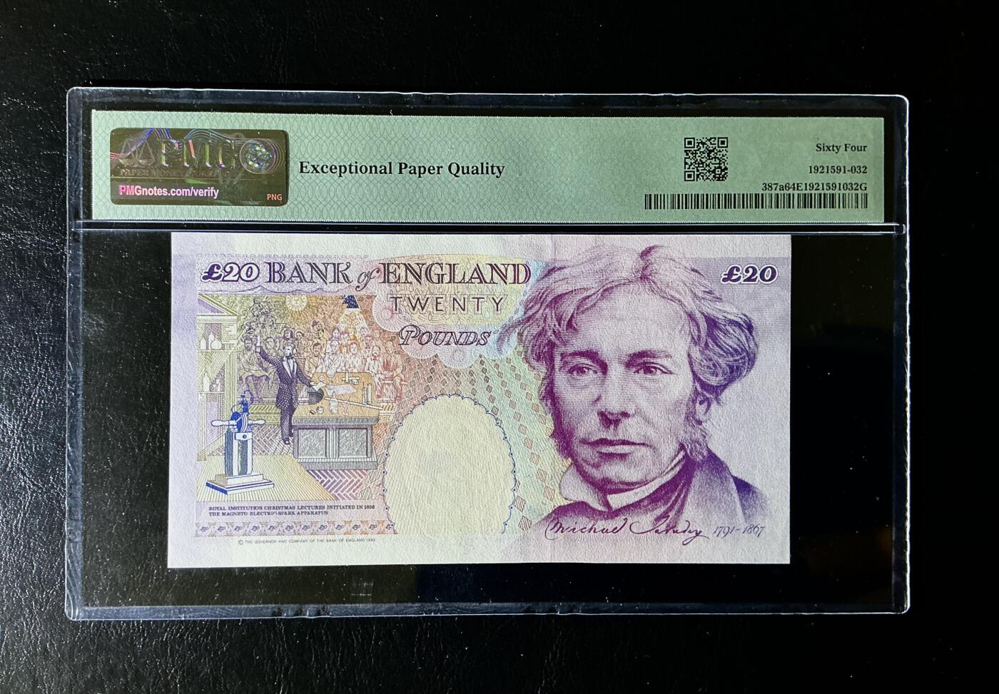 【礼羽收藏】🌏世界钱币拍卖第131期 英国e序列20镑 数字版 法拉第 pmg64e 无47