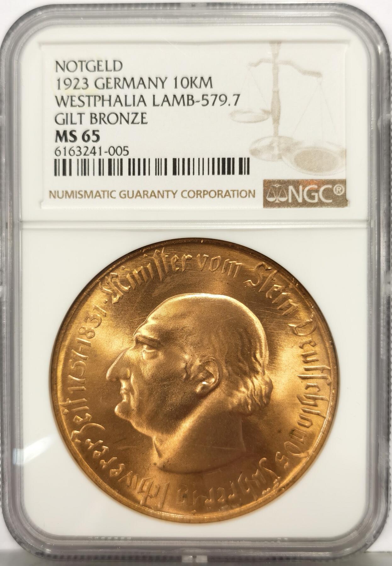 博洋堂世界钱币拍卖第167期（全场包邮） NGC MS65 德国德紧1923年威斯特法轮马币10000马克大铜币