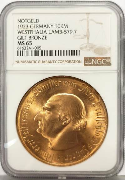 博洋堂世界钱币拍卖第167期（全场包邮） - NGC MS65 德国德紧1923年威斯特法轮马币10000马克大铜币