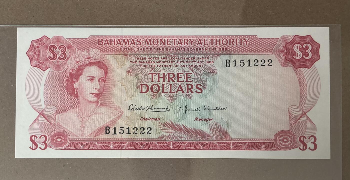 【礼羽收藏】🌏世界钱币拍卖第131期 巴哈马3元 1968年 无347豹子222 全新unc