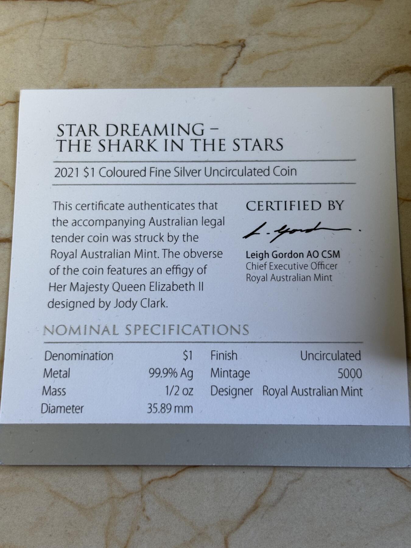 第195期拍卖 澳大利亚2021年梦幻星空鲨鱼座半盎司彩色银币，999银，发行量5000枚