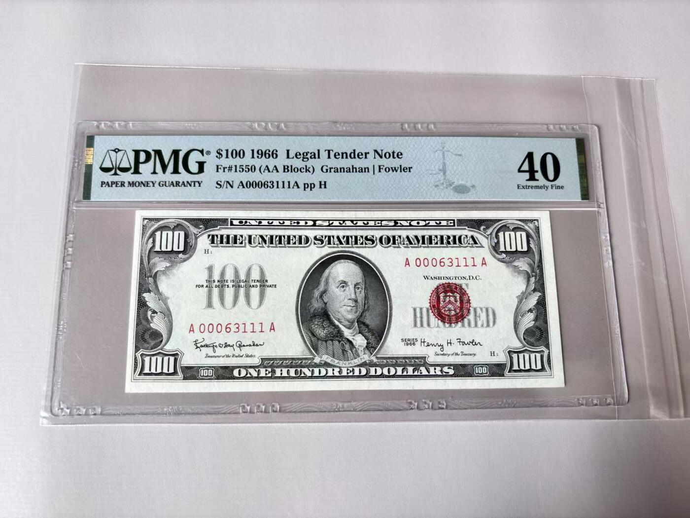 【Blue Auction】世界纸币精拍第803期——18级TOP拍卖/信誉/品质/专业/高效💫 【AA冠111豹子号 无47】美国 1966年100美金 PMG40