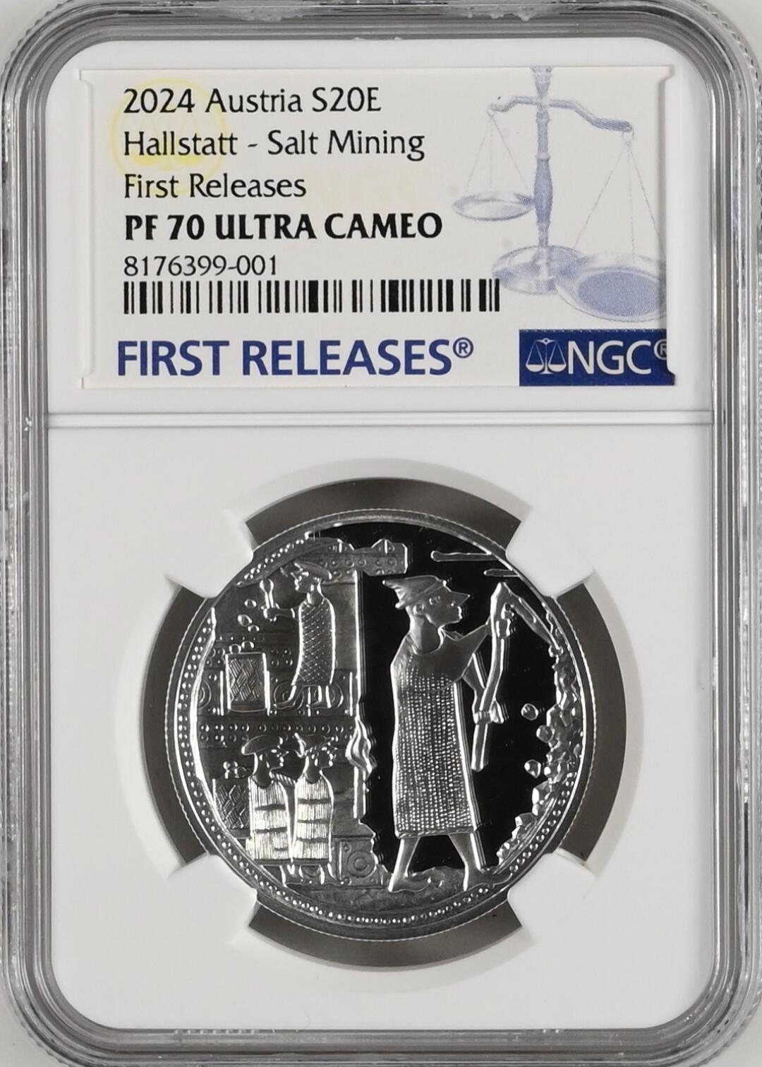 《愛美收藏》第239期-4.5周日外币黄金场  2024年奥地利哈尔施塔特盐业开采20欧纪念银币 NGC 70 带原盒证书 稀少首批蓝标满分