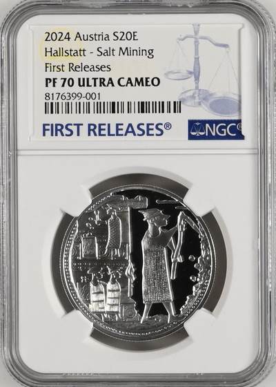《愛美收藏》第239期-4.5周日外币黄金场  - 2024年奥地利哈尔施塔特盐业开采20欧纪念银币 NGC 70 带原盒证书 稀少首批蓝标满分