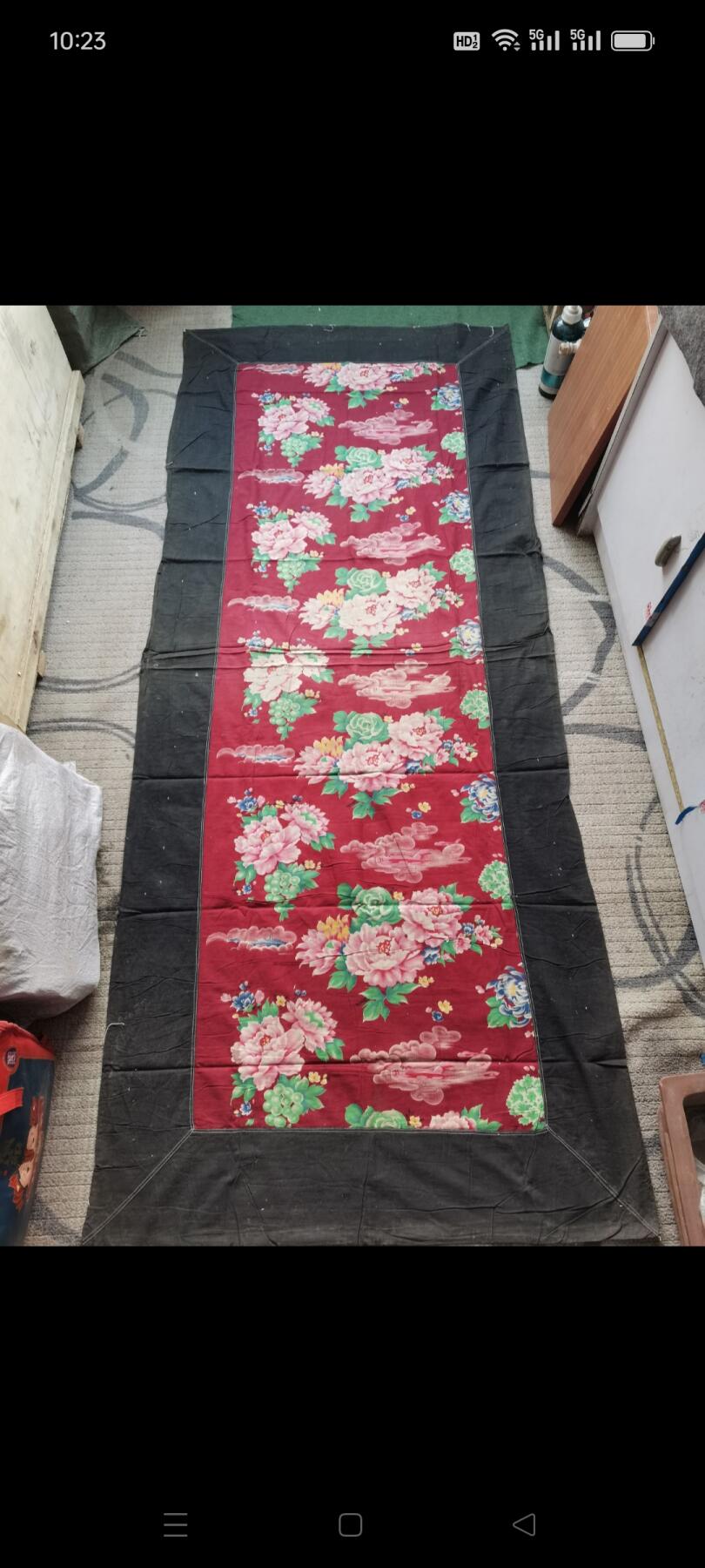 文革时期老粗布1块。飞机，轮船和花卉图案。60㎝×189㎝。如图包老