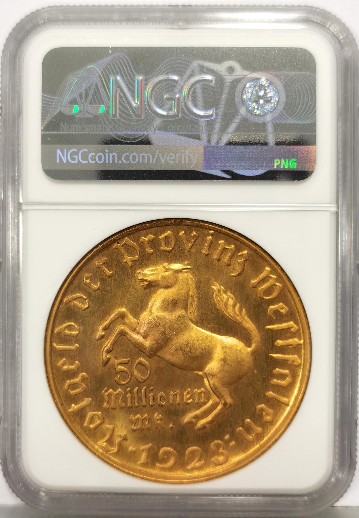 博洋堂世界钱币拍卖第167期（全场包邮） NGC MS64 德国德紧1923年威斯特法轮马币5000万马克大铜币