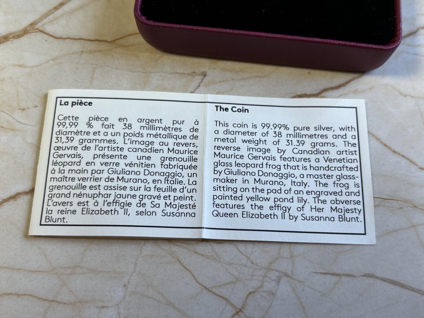 第196期拍卖 加拿大2014年睡莲和豹纹蛙镶嵌玻璃1盎司彩色纪念银币，9999银，发行12500枚