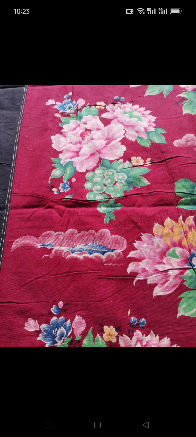 文革时期老粗布1块。飞机，轮船和花卉图案。60㎝×189㎝。如图包老