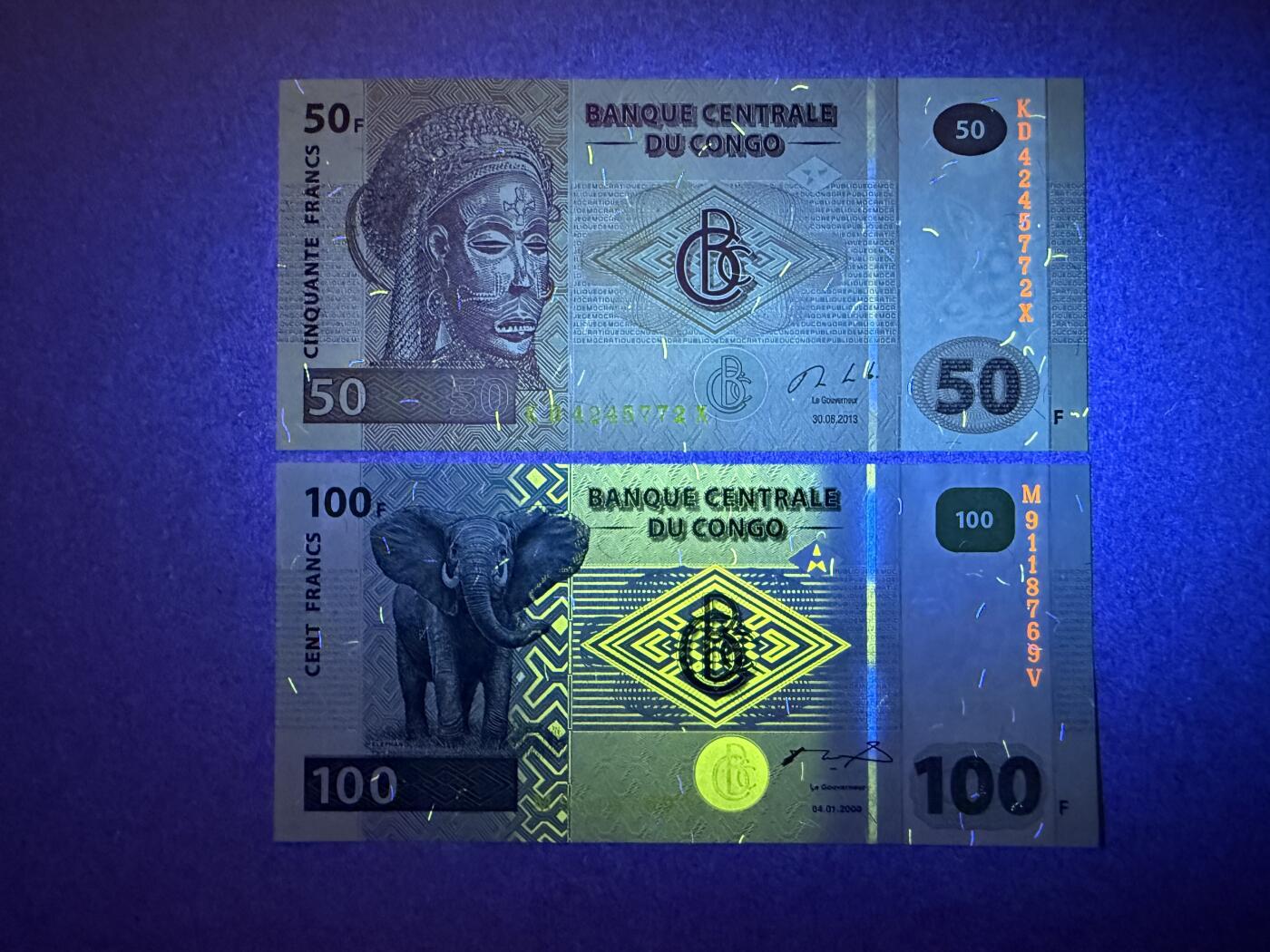 《愛美收藏》第239期-4.5周日外币黄金场  刚果50、100法郎2张 UNC- 100的有荧光