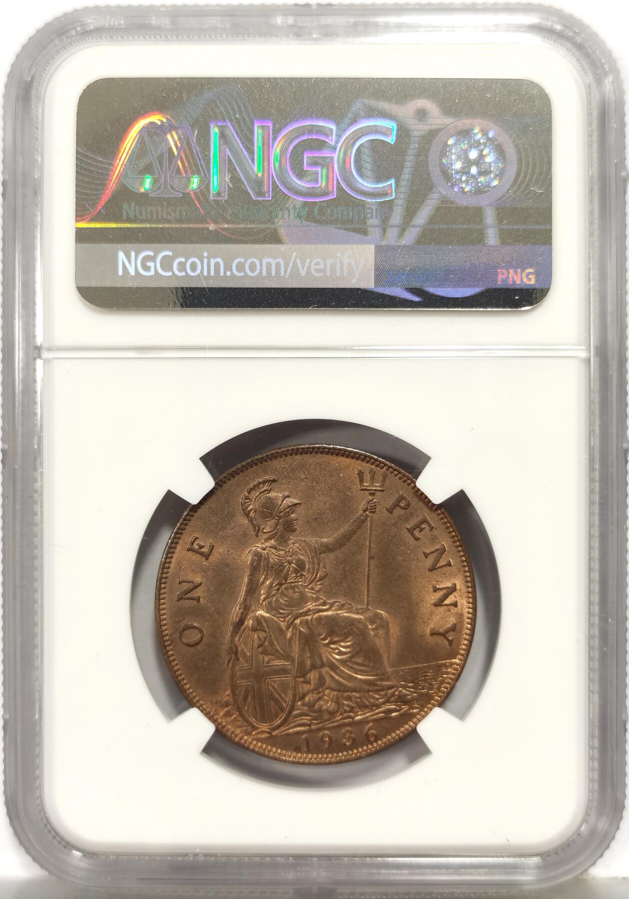 博洋堂世界钱币拍卖第167期（全场包邮） NGC MS65RB 英国1936年乔治五世一便士铜币，顶级高分，关门特年