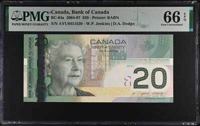 《愛美收藏》第239期-4.5周日外币黄金场  - 加拿大2004年首发年20元PMG66E 女王 首发年难得 IBNS世界最佳纸币获奖钞第一年 Pick#64a