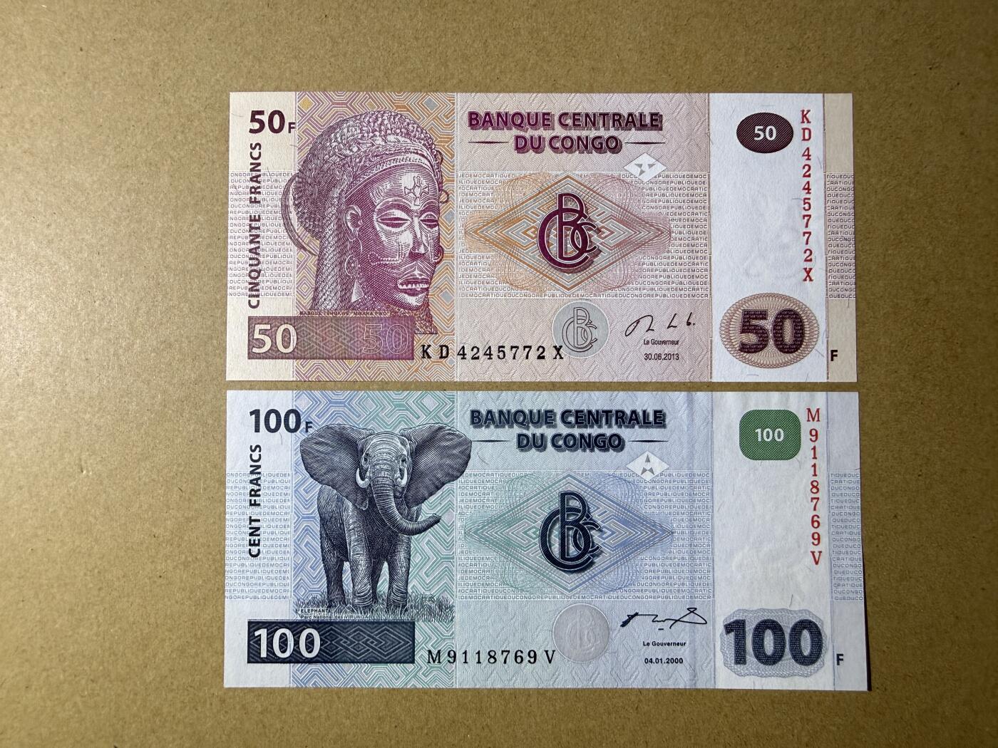 《愛美收藏》第239期-4.5周日外币黄金场  刚果50、100法郎2张 UNC- 100的有荧光