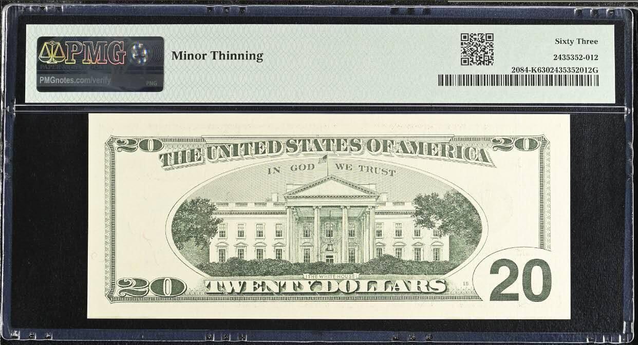 《愛美收藏》第239期-4.5周日外币黄金场  美国1996年大头版首发年份 稀少分区K达拉斯首发A冠 20美元PMG63百位数三全偶倒置866号 底部出厂带点轻微压痕扣分