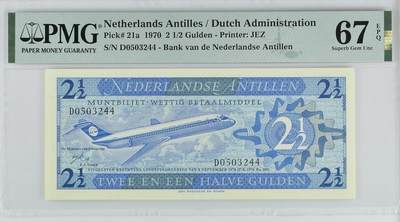 【礼羽收藏】🌏世界钱币拍卖第131期 -  PMG67分1970首年A版荷兰安的列斯2.5盾大飞机，一手自送评品质一级棒(立拍立欣赏，自送至少等6-9个月才出分)