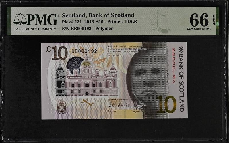 【礼羽收藏】🌏世界钱币拍卖第131期  pMG苏格兰2016年塑料钞 10镑 大开门百位小号无3457朦胧靓号 【BB双冠000192】 