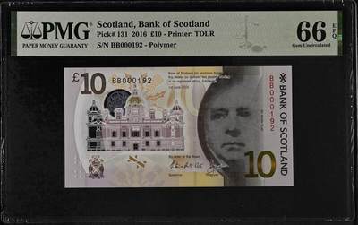 【礼羽收藏】🌏世界钱币拍卖第131期 -  pMG苏格兰2016年塑料钞 10镑 大开门百位小号无3457朦胧靓号 【BB双冠000192】 