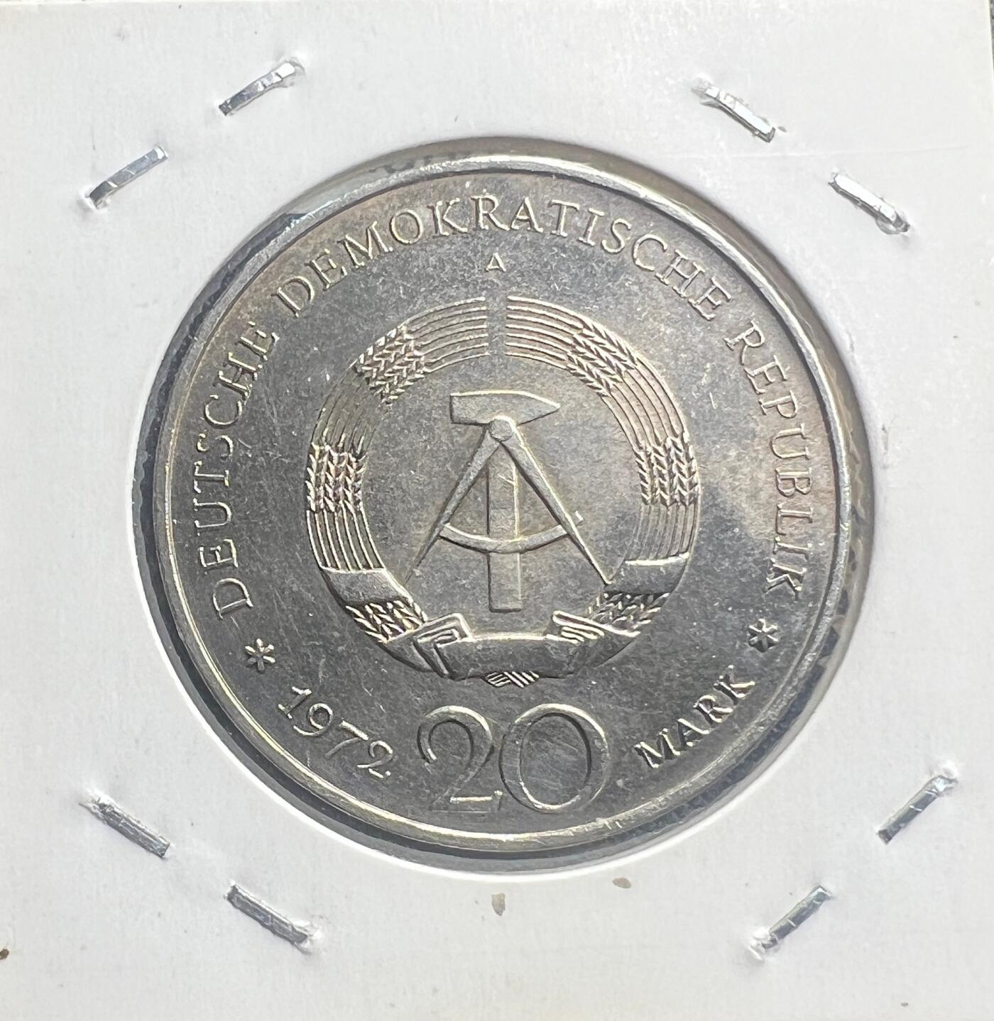 1972 年东德 20 马克流通纪念币 剧作家席勒 德意志民主共和国 铜镍合金