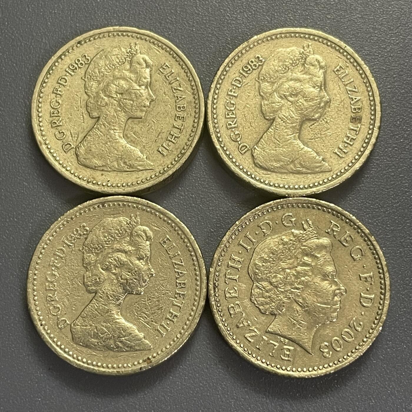 回流0406 英国1983、2003年1英镑4枚 狮马盾徽