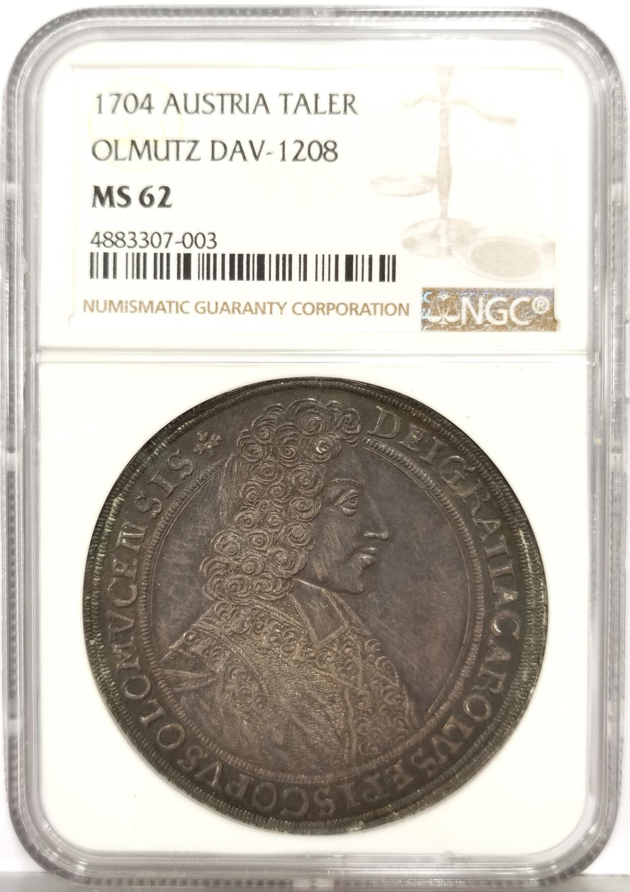 博洋堂世界钱币拍卖第167期（全场包邮） NGC MS62 奥地利1704年奥尔穆茨大泰勒银币，绝美包浆，背面图案精美绝伦，上手绝对惊艳，传世收藏级别