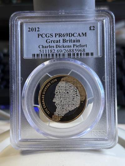 第196期拍卖 - 获奖英国2012年狄更斯诞辰2英镑加厚银币PCGS-PR69，925银镀金，24克，发行2000枚