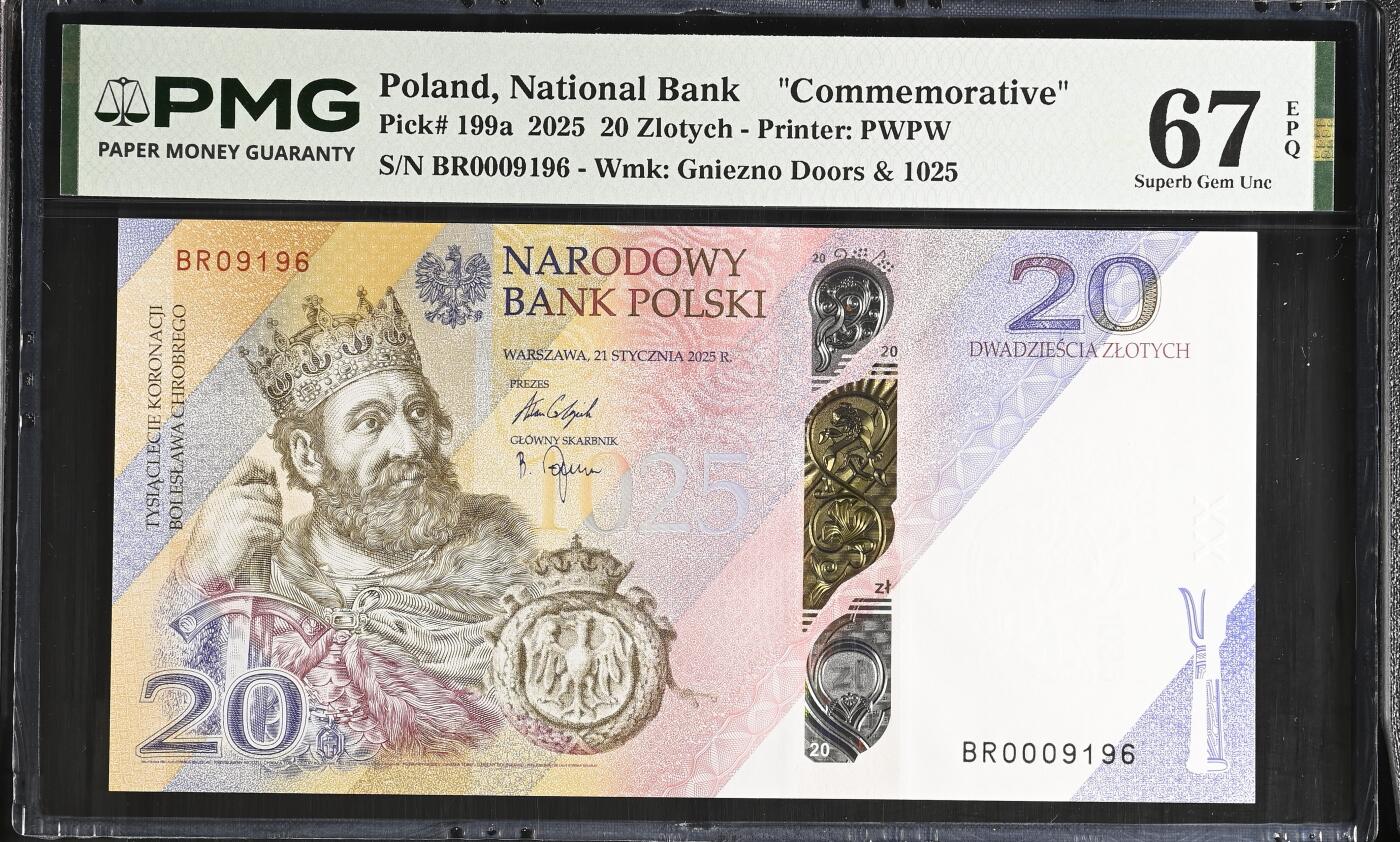 《愛美收藏》第239期-4.5周日外币黄金场  波兰2025年20兹罗提PMG67E高分倒置号0169组合 加冕1000周年纪念钞