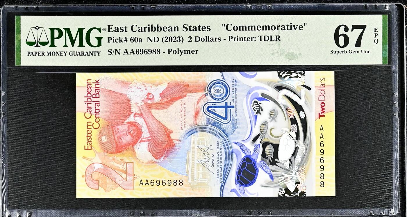 【Blue Auction】世界纸币精拍第803期——18级TOP拍卖/信誉/品质/专业/高效💫 【AA冠88尾 倒置号 获奖钞】东加勒比 2023年2比索 PMG67EPQ