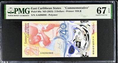 【Blue Auction】世界纸币精拍第803期——18级TOP拍卖/信誉/品质/专业/高效💫 - 【AA冠88尾 倒置号 获奖钞】东加勒比 2023年2比索 PMG67EPQ