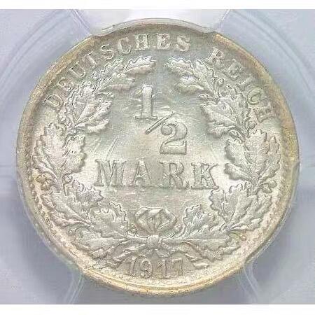 【银】稀年 PCGS MS65 一战德国1917年F版1/2马克银币 开卷原光